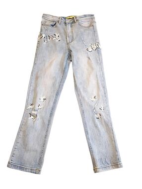 Gianni Bini Juniors Embroidered Distressed Jeans Light Wash Straight Leg Size XS
